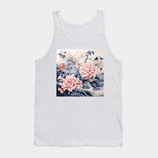 Pink and Blue Chinoiserie Style Peonies Tank Top